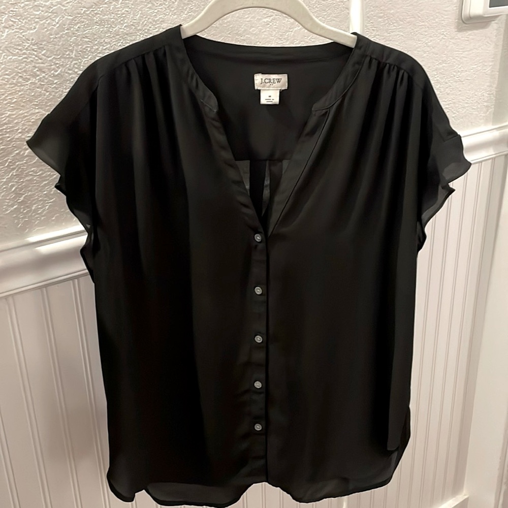 J. Crew black blouse, ruffle cap sleeves, medium
